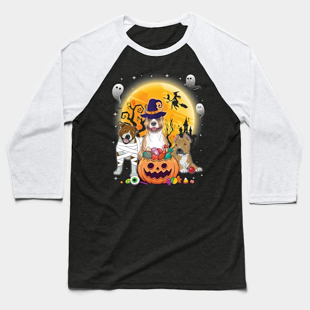 Staffordshire Bull Terrier Dog Mummy Witch Moon Ghosts Happy Halloween Thanksgiving Merry Christmas Baseball T-Shirt by joandraelliot